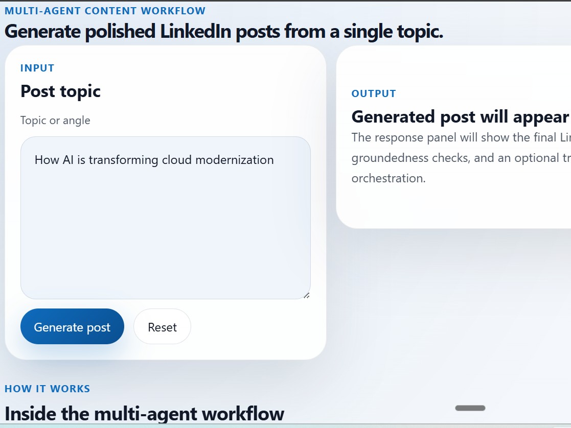 LinkedIn post generator interface placeholder